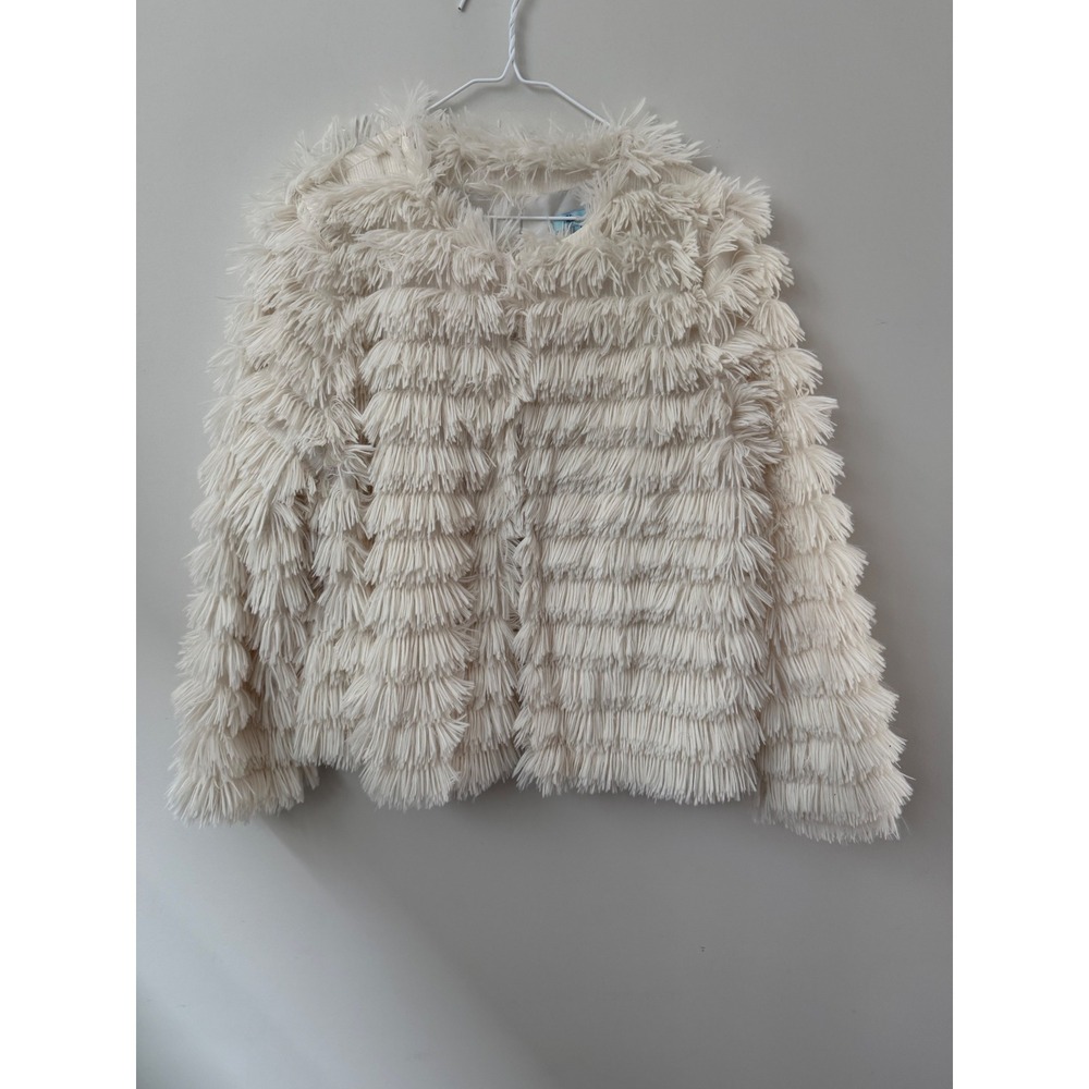 She & Sky Cream Shaggy Fringe Jacket Large Boho Festival Faux Fur Coat